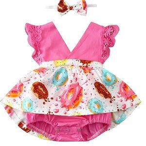 Baby donut Romper Headbands Girls Summer Edge Print Romper